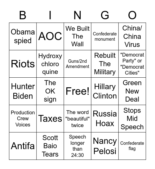 2020 Republican National Convention Bingo Card
