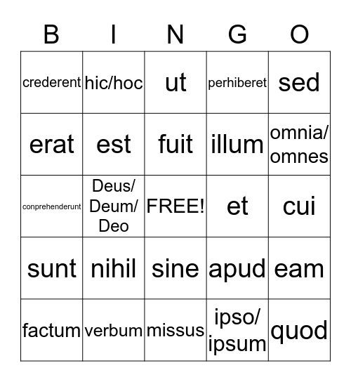 L A T I N         (weeks 1-6) Bingo Card