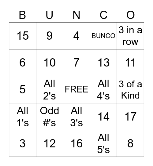 BUNCO Bingo Card