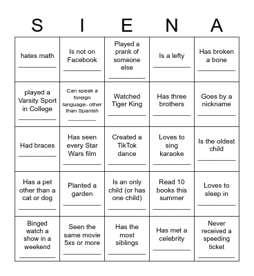 Siena Icebreaker Bingo Card