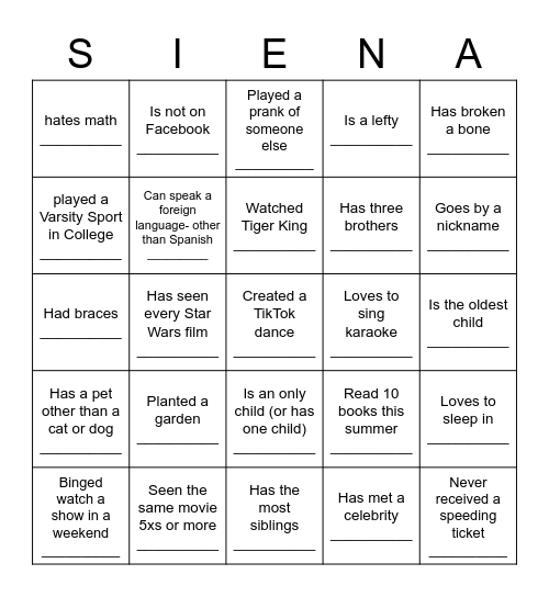 Siena Icebreaker Bingo Card
