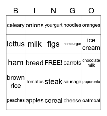 Nutrition bingo Card