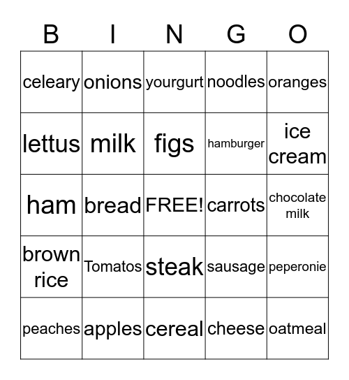 Nutrition bingo Card