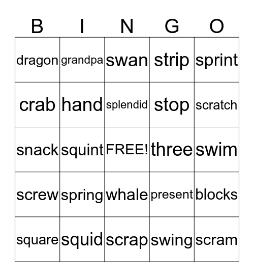 Blends and Digraphs Bingo Card