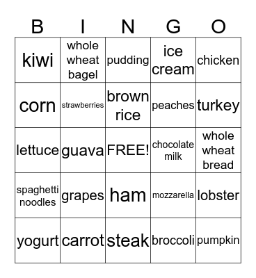 Nutrition Bingo Card