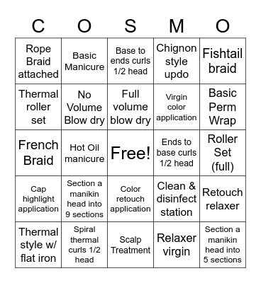 Cosmetology 2 Skills BINGO Card