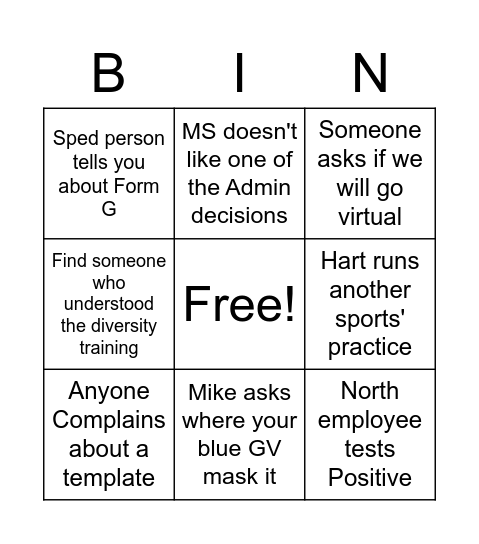 GVHS Bingo Card Bingo Card