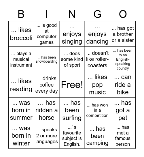 Getting to know each other Bingo Card