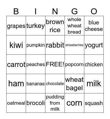 Nutrition Bingo Card