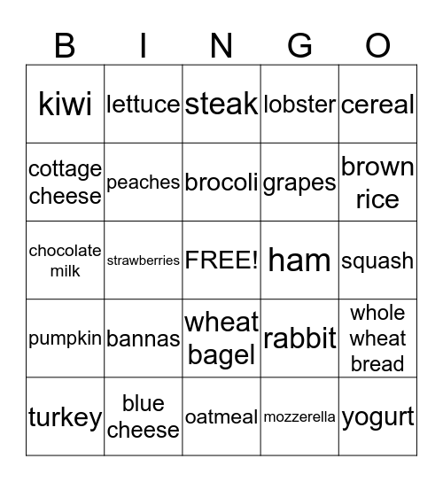 Nutrition Bingo Card