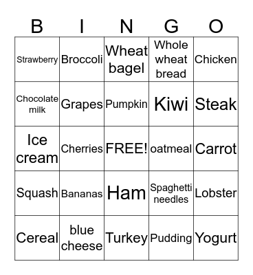 Nutrition Bingo Card
