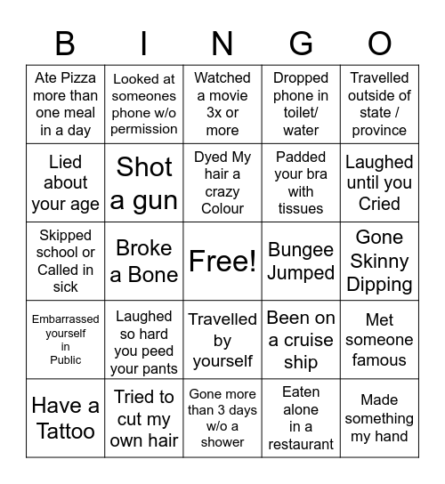 ALL ABOUT  ME CHALLENGE Bingo Card