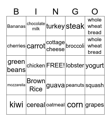 Nutrition Bingo Card