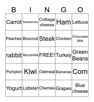 Nutrition Bingo  Bingo Card
