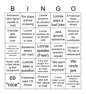 First House Meeting Bingo Card