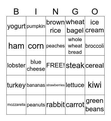 nutrition bingo Card