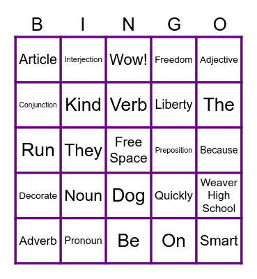 Parts of Speech Bingo Card
