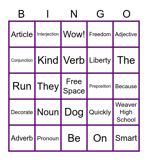 Parts of Speech Bingo Card