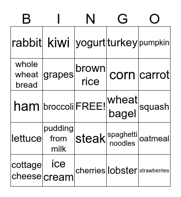 Nutrition Bingo Card