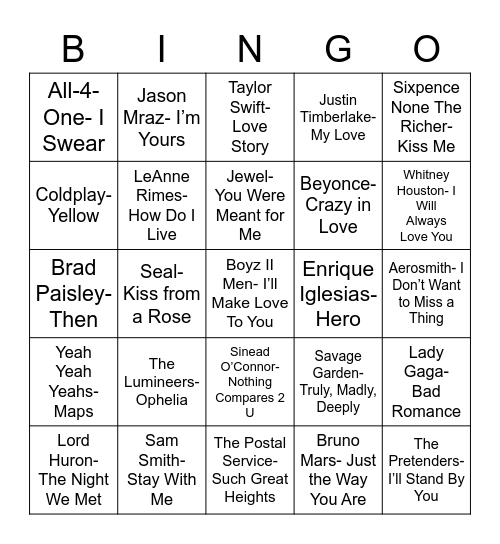 Total-Quiz.com Presents Radio Bingo: Romance in the Song Bingo Card