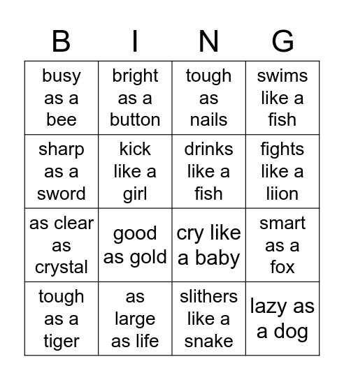 Simile  Bingo Card