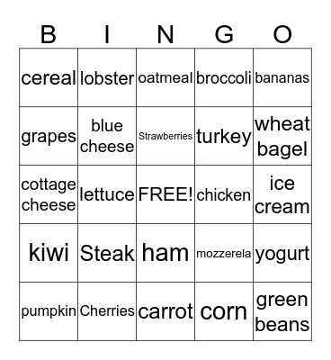 Nutrition Bingo Card