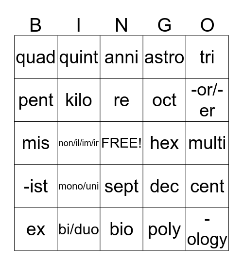 Vocabulary Quarter Final Bingo Card