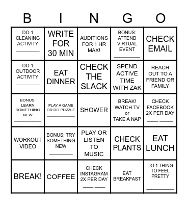 WHAT I DID TODAY! Bingo Card