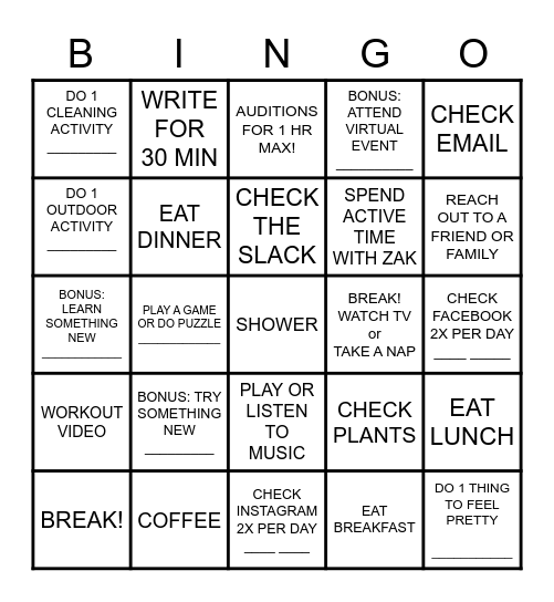 WHAT I DID TODAY! Bingo Card