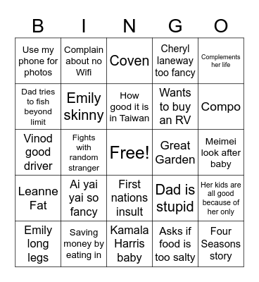 RV Trip 2020 Bingo Card