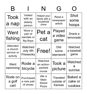 What did you do this summer? Bingo Card