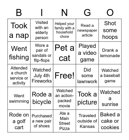What did you do this summer? Bingo Card