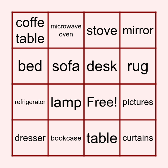 F u r n i t u r e Bingo Card