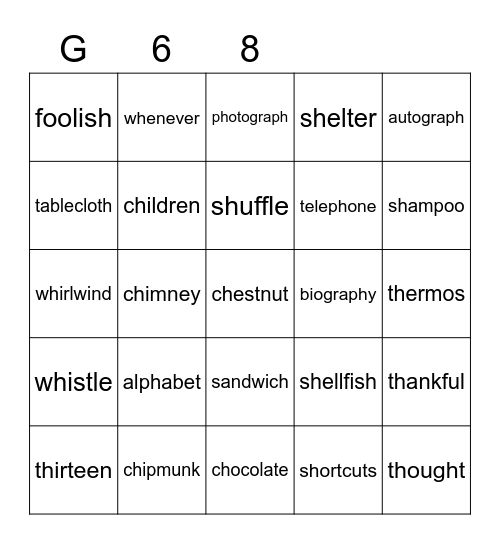 Gold 68 Bingo Card