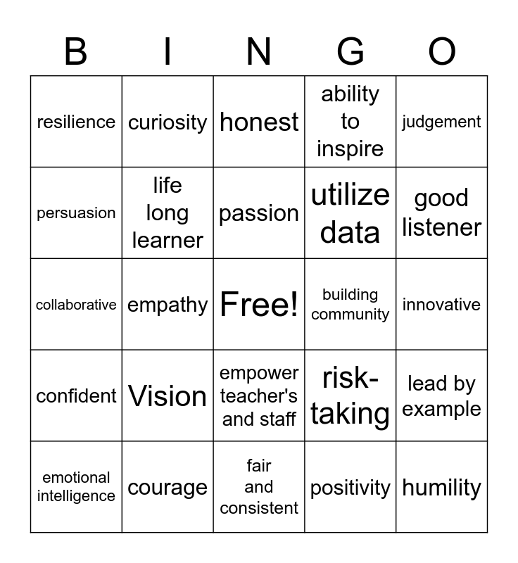 Characteristics of a Great School Leader Bingo Card