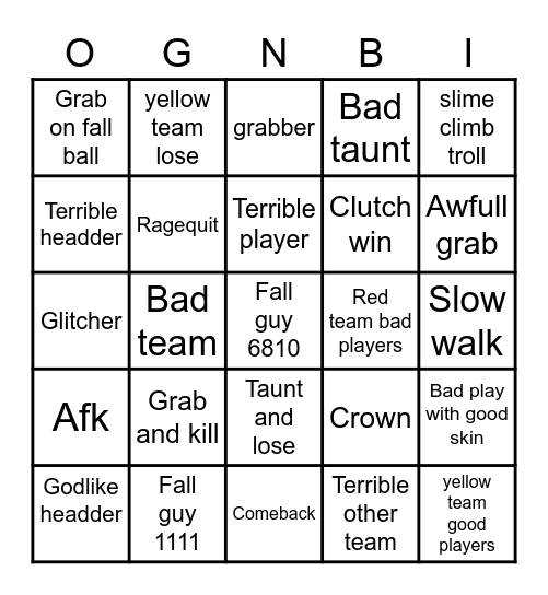 Fall guys bingo card Bingo Card