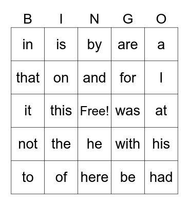 Sight Words Bingo Card