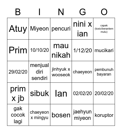 Bingonya hyub Bingo Card