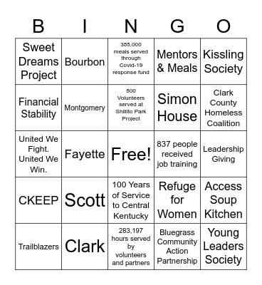United Way of the Bluegrass Bingo Card