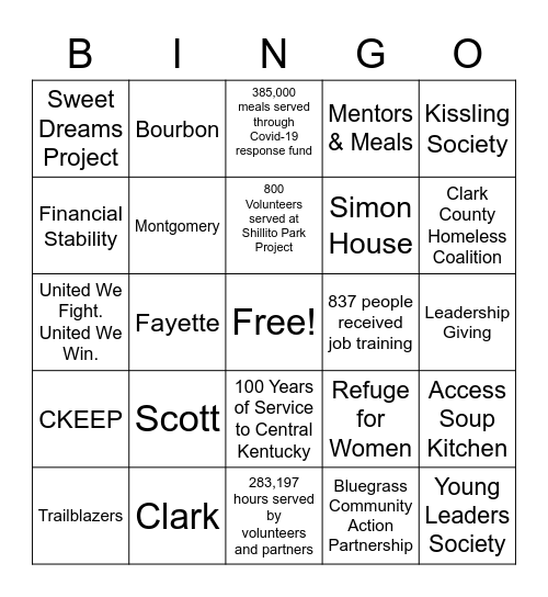 United Way of the Bluegrass Bingo Card