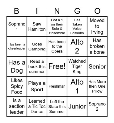 Varsity Treble Get to Know You Bingo Card
