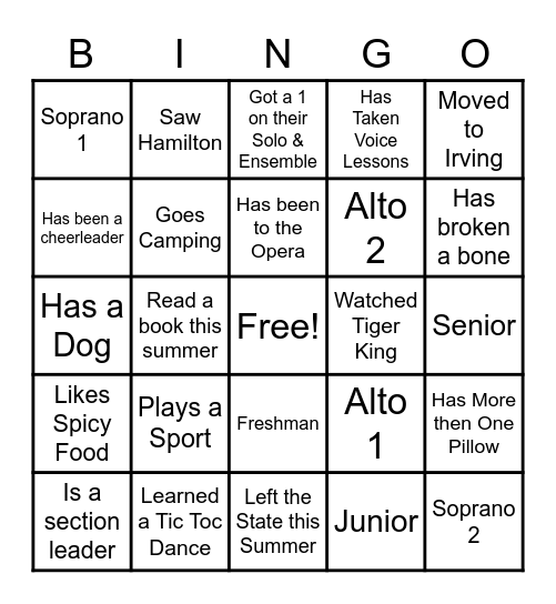 Varsity Treble Get to Know You Bingo Card