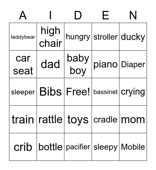 Eva's Baby Shower Bingo Card