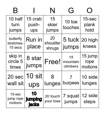 PE Fitness Bingo Card