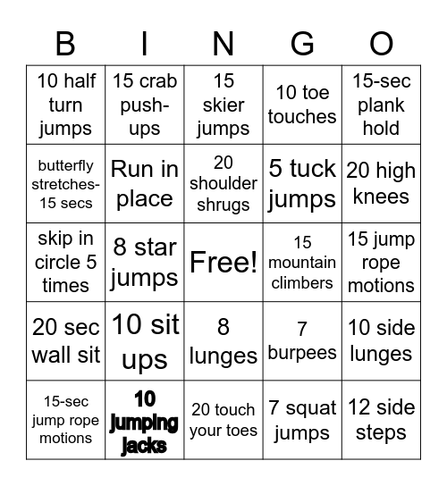 PE Fitness Bingo Card