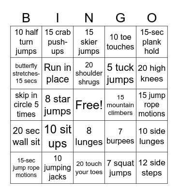 PE Fitness Bingo Card
