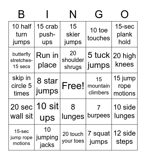 PE Fitness Bingo Card