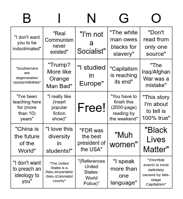 Social Sciences Teacher Bingo Card