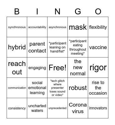 2020 Virtual Staff Meeting Bingo Card
