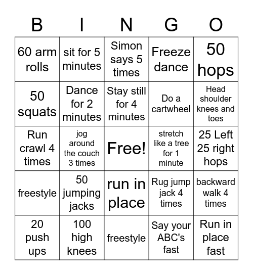 PE Bingo Card